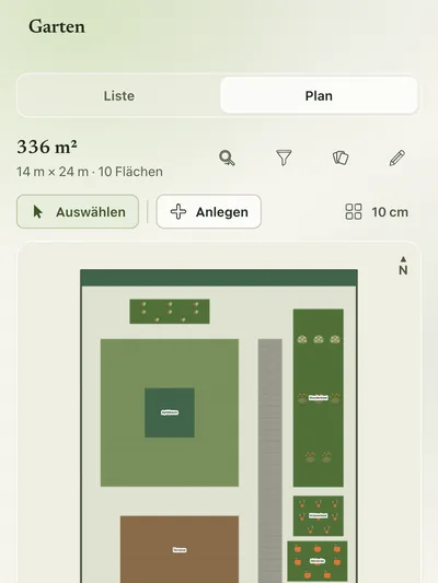 Gartenplan eines Grundstücks mit Beeten, Rasen, Weg und Haus