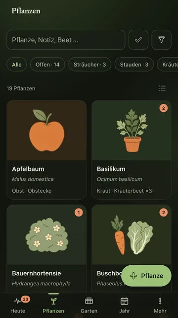 Pflanzenliste im dunklen Modus