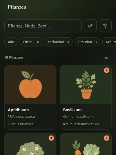 Pflanzenliste im dunklen Modus